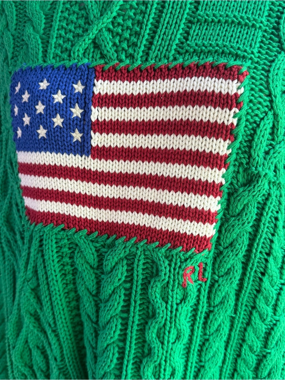 Ralph Lauren Green Cable-Knit American Flag Sweater - Picture 2 of 4